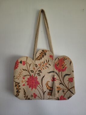Boho Floral Embroidered Beige Tote Bag